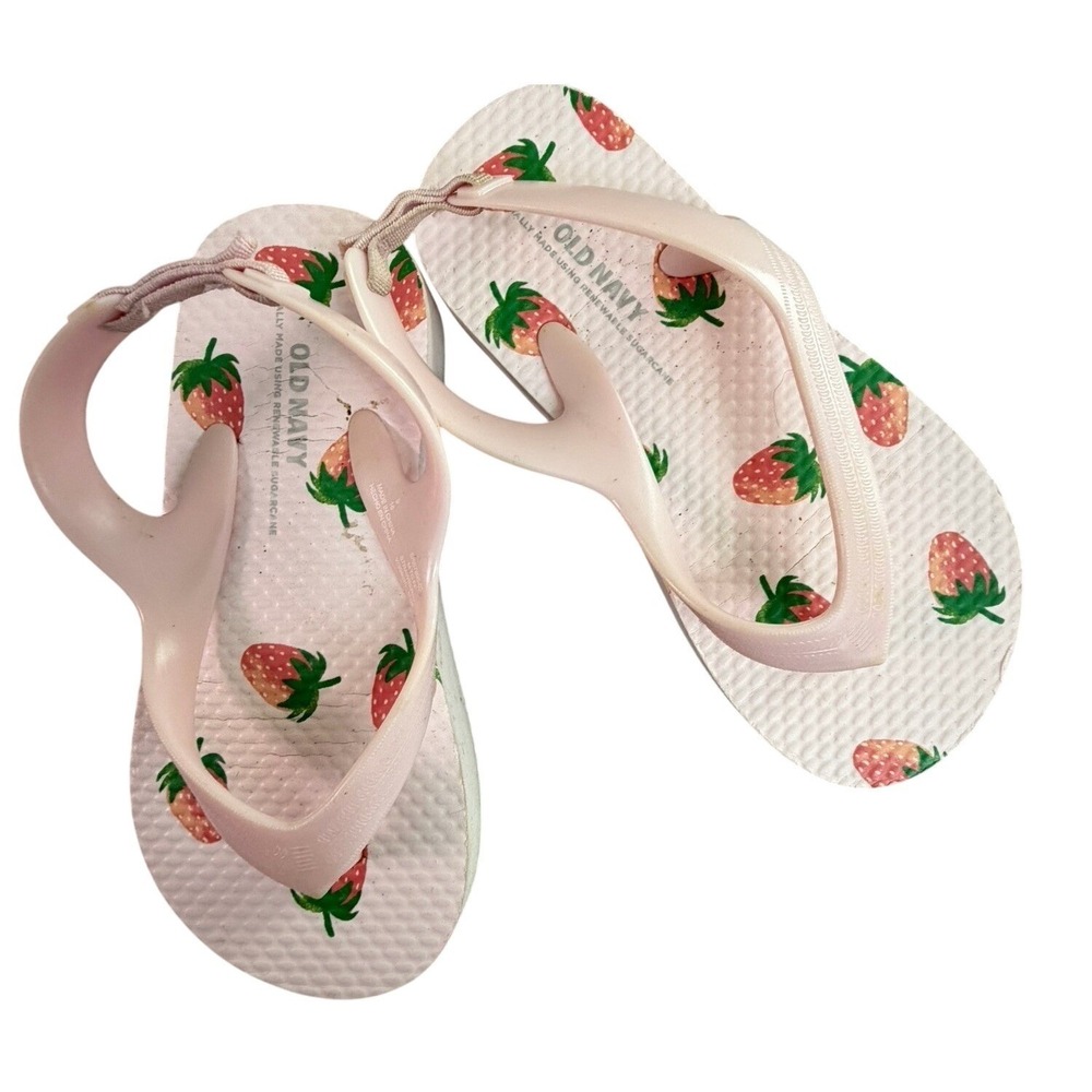 Toddler Girls Strawberry Print Flip Flops‎ Pink Elastic Back Strap Size 6